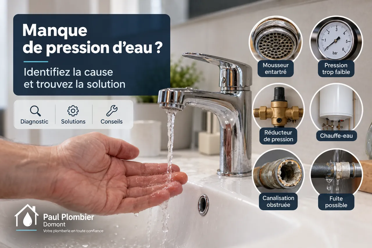 Infographie des causes d'un manque de pression d'eau à Domont : mousseur entartré, réducteur, chauffe-eau, canalisation obstruée ou fuite