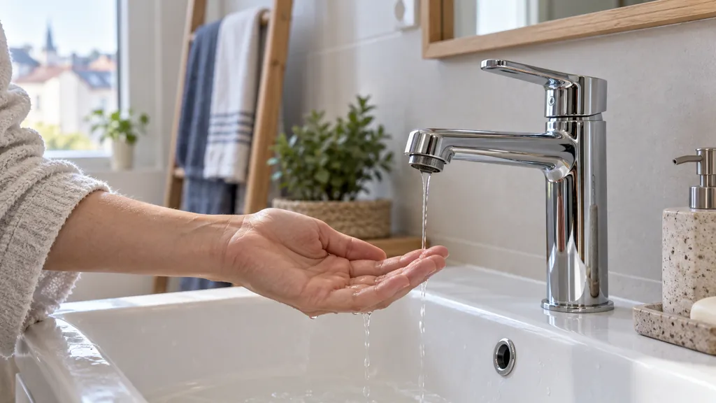 Main sous un filet d'eau faible au robinet d'une salle de bain à Domont, signe d'un manque de pression