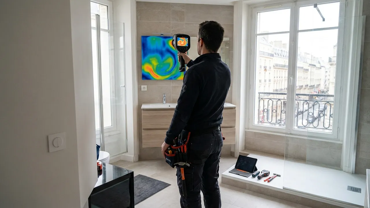 Plombier utilisant une caméra thermique sur le mur d'une salle de bain à Domont pour localiser une fuite encastrée