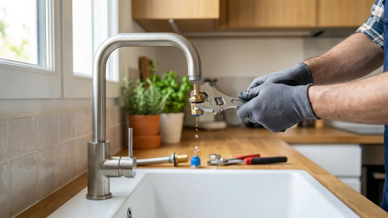Plombier remplaçant la cartouche d'un mitigeur de cuisine qui goutte dans une maison de Domont